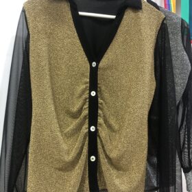 Camisa entallada de purpurina gris y negra con fruncido