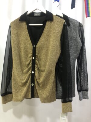 Camisa entallada de purpurina gris y negra con fruncido