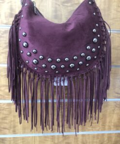 Bolso de serraje granate con flecos y tachuelas estilo luna