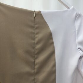 Vestido multicolor mostaza, blanco y camel elegante
