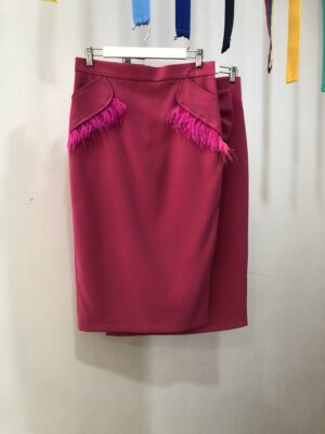 Falda fucsia recta con bolsillos y plumas – elegante