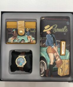 Conjunto Nikky Nicole gris: monedero, tarjetero y reloj