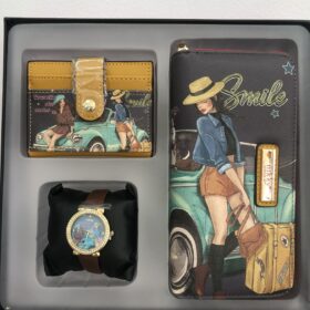 Conjunto Nikky Nicole gris: monedero, tarjetero y reloj