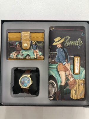 Conjunto Nikky Nicole gris: monedero, tarjetero y reloj