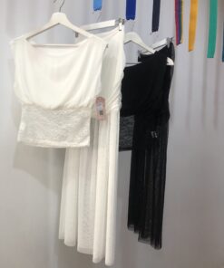 Conjunto falda y top de gasa negro y blanco elegante