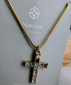 Collar Cruz Dorada con Brillantes Multicolor Elegante
