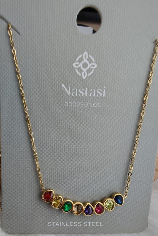 Collar Dorado de Acero con Brillantes Multicolor Elegante